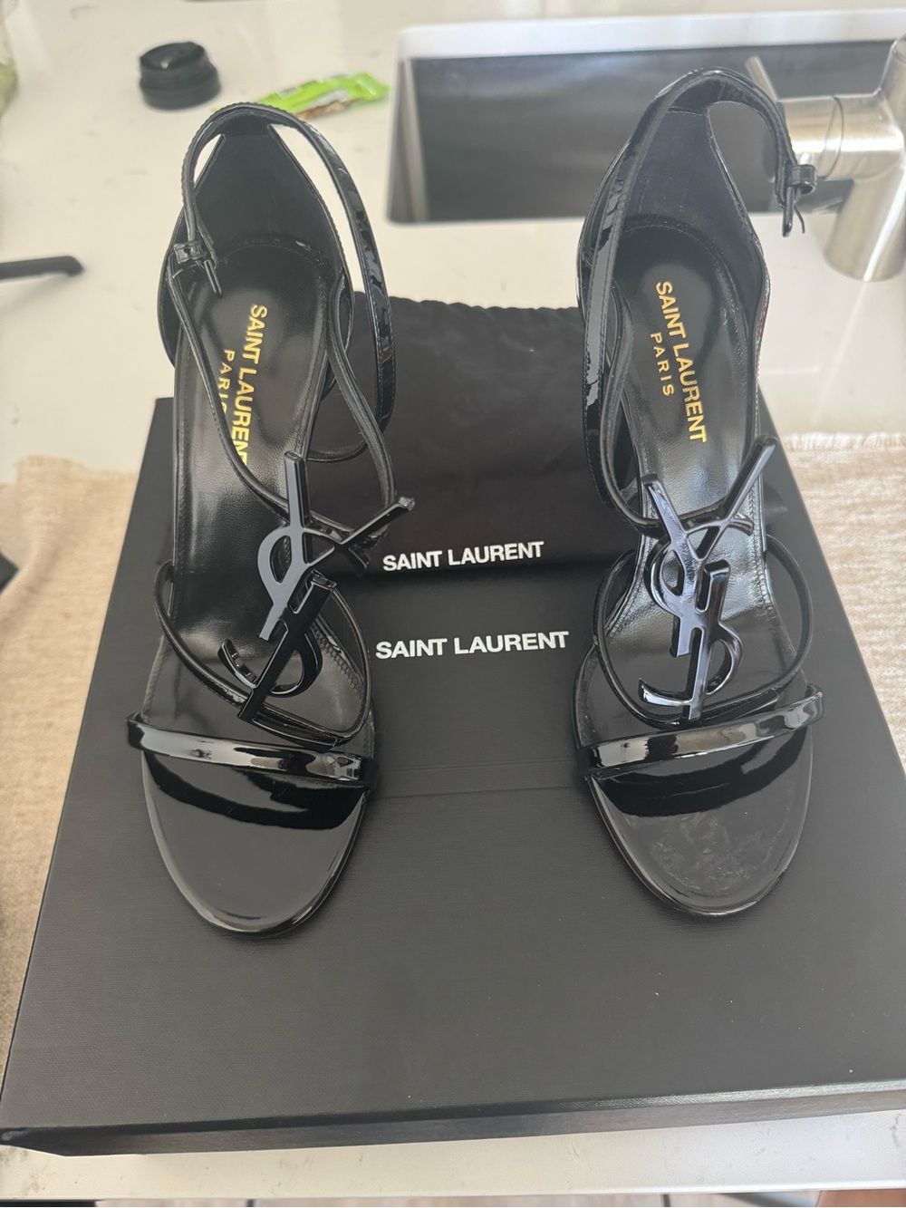 Saint Laurent Black Patent YSL Logo Slingback Heels - Picture 3 of 7
